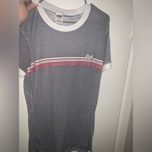 PINK Logo Gray T-Shirt with Stripes